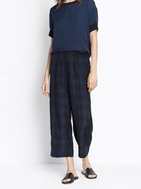 NWT Vince Plaid Slouchy Pull-On Crop Wide Leg Pants in Dark Blue Size XS $375